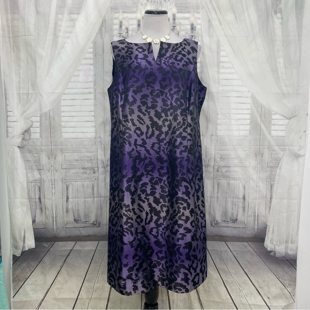 Peter Nygard Size 16 Sheath Dress Animal Black Purple Sheen Sleeveless V Neck